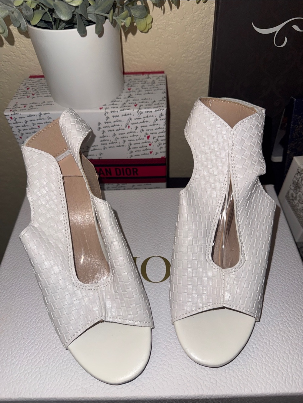 White Woven Peep Toe Cutout Block Heel Sandals Women’s